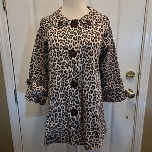 Cheetah Peacoat Jacket Large Lightweight Brown Animal Print 3/4 Sleeve Large